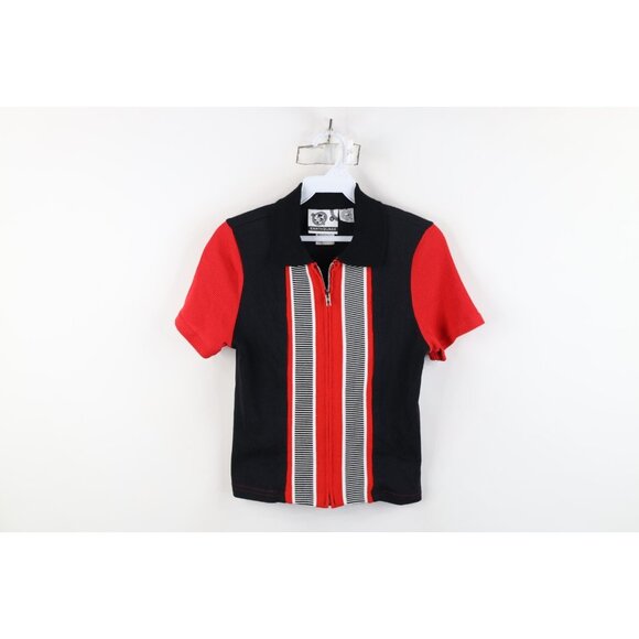 Vintage Tops - Vtg 90s Streetwear Womens Medium Striped Panel Knit Full Zip Polo Babydoll USA